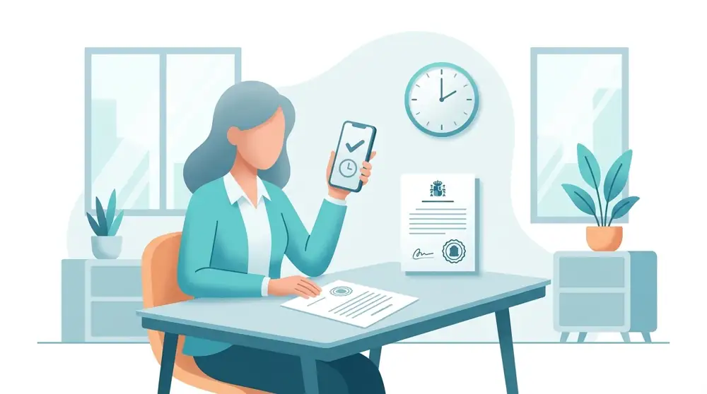 Trabajadora mostrando el fichaje validado en su móvil junto a un documento oficial sellado y un reloj, ilustración sobre el registro horario digital